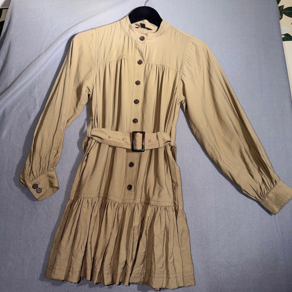 Banana Republic XXS Petite Safari Mini Dress Utility Belted Flounce Hem Earthy